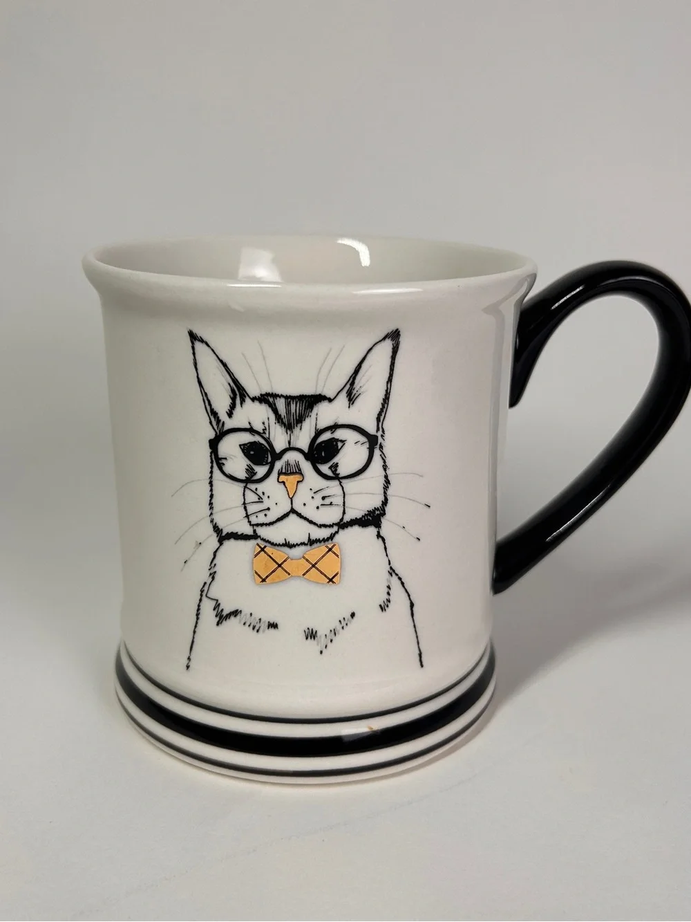 Clay Art Distinguished Black Cat Mug Coffee Cup Eye Glasses Gold Bow Tie #230